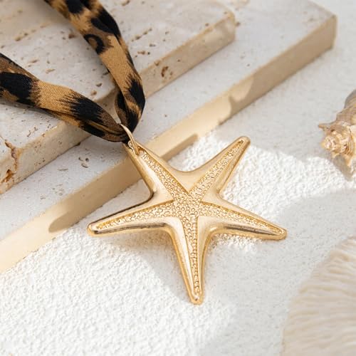 Scarf Necklace with Charm Gold Starfish Chunky Cross Heart Flower Pendants Bandana Charm Necklace Western Scarf for Women Boho Cowgirl Country Cowboy Accessories Beach Vacation Vacation Outfits Jewelry - color: A6-Scarf Necklace With Starfish Charm