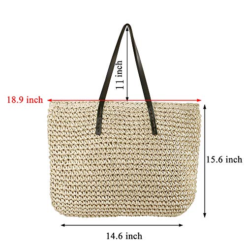 Ayliss Women Straw Woven Tote Large Beach Handmade Weaving Shoulder Bag Purse Straw Handbag - color: Beige