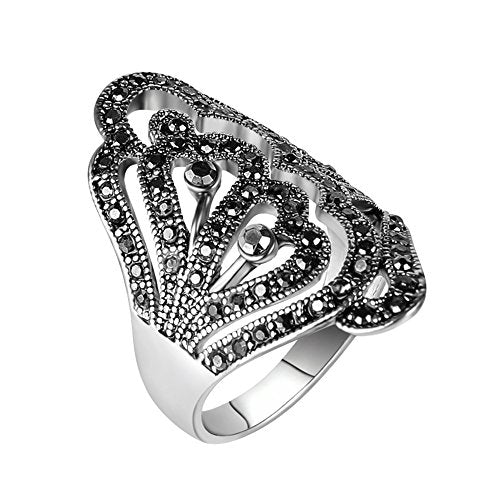 Women's Black Rings Vintage Rings Statement Rings for Women Band Marcasite Crystal Rings for Women - color: Silver4