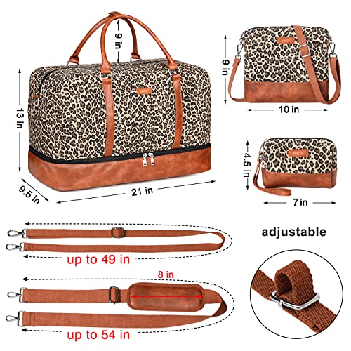 IBFUN Weekender Bags for Women, 21" Weekender Travel Bag, Travel Duffle Bag with Shoe Compartment Carry on Overnight Duffel Bag for Weekend Travel Business Trip, 3PCS - color: A4-Canvas-Leopard