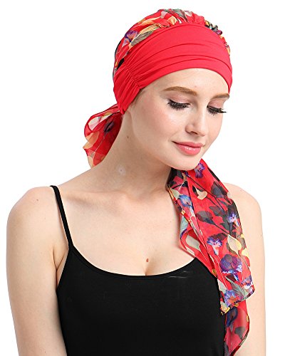 Chemo Headwear Turbans for Women Long Hair Head Scarf Headwraps Cancer Hats - color: Red Floral