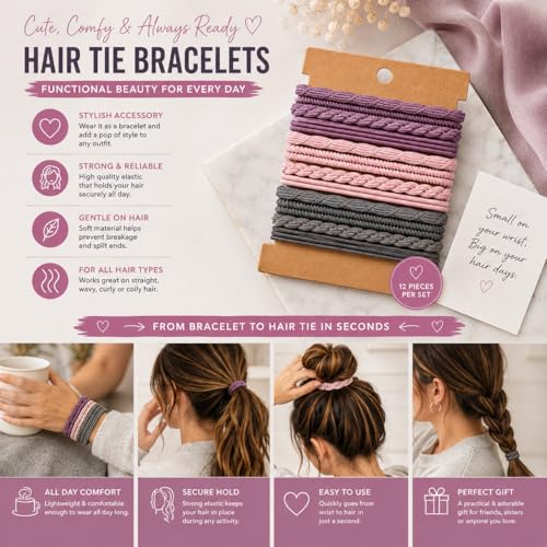 Elm City Direct 12pcs Hair Tie Bracelets, Boho Hair Ties for Women, Elastic Hair Bands for Ponytails (Gray) - color: Gray