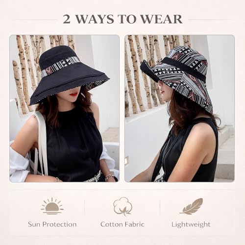 Wide Brim Sun Hat for Women Reversible Beach Hats Metal Wired Edge Gardening Hats, UPF 50+ Bucket Summer Hat - color: Black Boho-style