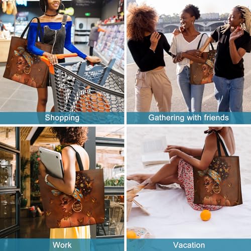 African American Women Tote Bag Black Shoulder Handbag For Women Fit Work Beach Labtops With Zip - color: Black Women 9
