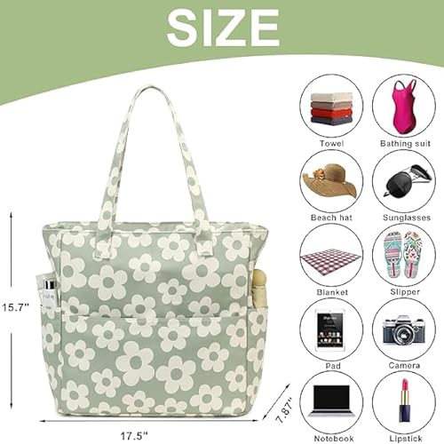 Bluboon Waterproof Beach Tote Pool Bags for Women Ladies Extra Large Carry On Bag With Wet Compartment for Weekender Travel - color: Flower 157 Green Gray