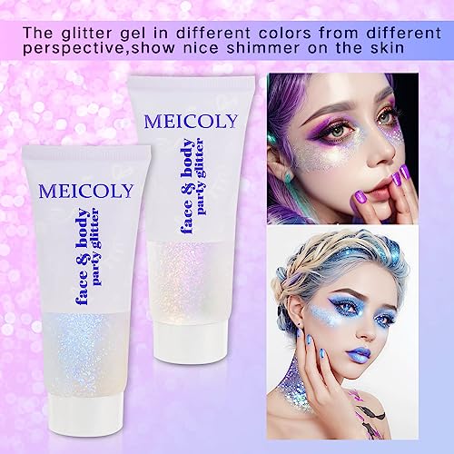 MEICOLY Sparkling Blue Body Glitter,Halloween Face Glitter,Color Changing Glitter Gel for Body,Face,Hair,Lip,Eye,Long Lasting Sequins Glitter Face Paint,Festival Party Glitter Makeup,50ml - color: color changing body glitter gel sparkling blue