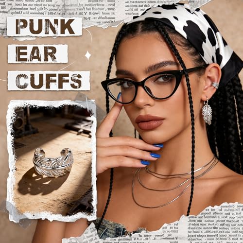 Gothic Ear Cuffs Helix Cartilage Clip on Goth Ear Cuff Stainless Steel Hypoallergenic Earrings for Women Men Non Piercing Gold & Silver Fake Earring Lightweight Punk Jewelry Gift - color: K8-Silver Leaf Design