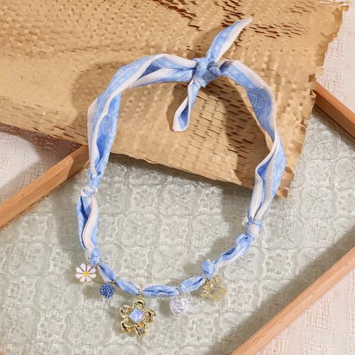 Scarf Long Fabric Colorful Silk Scarves Multi Pendant Necklace For Women Statement Boho Choker Twisted Ribbon Band Pearl Accent Heart Maple Leaf Bee Daisy Dragonfly Star Green Gem Charms - color: Blue Bow