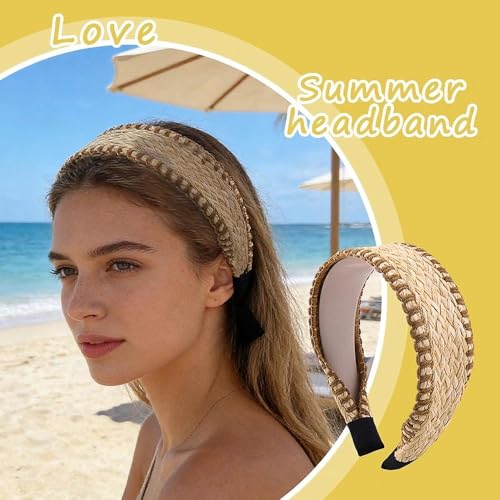 Handwoven Straw Boho Wide Headband for Women Bohemian Non Slip Rattan Crochet Headband Hair Accessory with Gold Trim Braided Hair Band for Summer Beach Festival Wedding Vacation