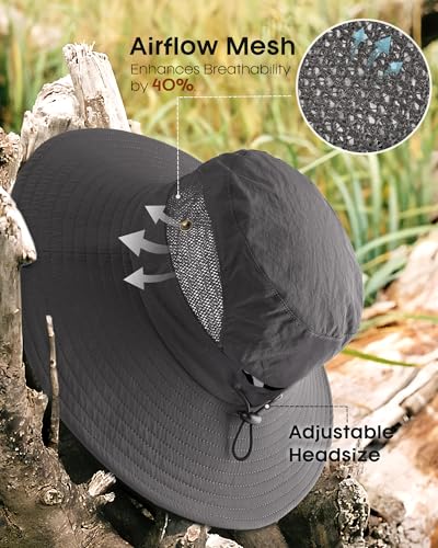 FURTALK Womens Sun Hat with Ponytail Hole Beach Hiking Summer Wide Brim UPF 50+ Outdoor Protection Foldable Bucket Hat - color: Dark Grey