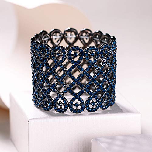 EVER FAITH Art Deco Love Knot Wide Stretch Bridal Bracelet Austrian Crystal - color: Blue Black-Tone