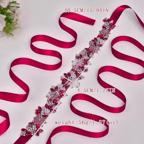 Rhinestone Wedding Bridal Belt for Women Formal Dress Handmade Crystal Beading Wedding Sash Belt - color: Red