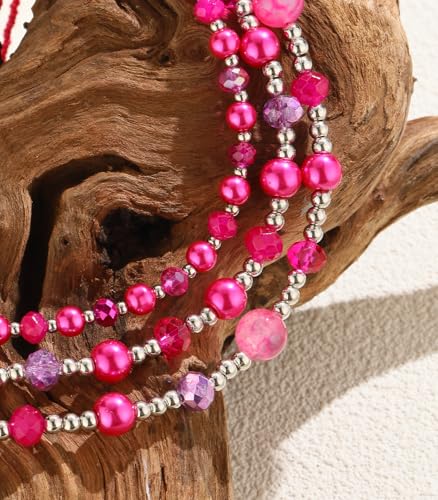 Noessla Beaded Statement Necklaces for Women Layered Chunky Bead Necklace Fashion Costume Jewelry Gifts for Mom - color: Hot Pink