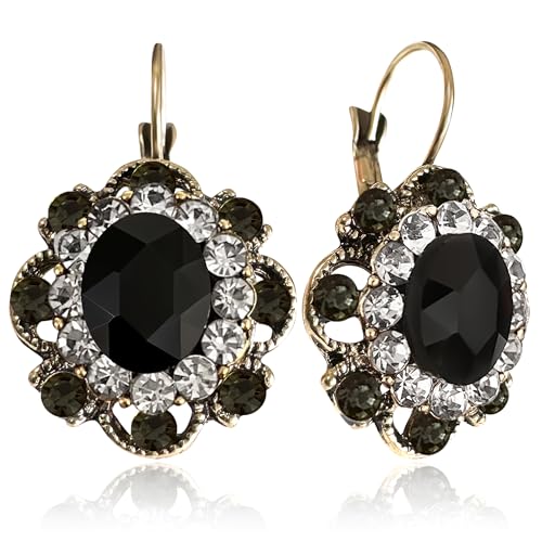 Handmade Bohemian Vintage Gold Sparkly Crystal Round Flower Leverback Earrings Cute Rhinestone Geometry Dangle Drop Earring for Women - color: Black