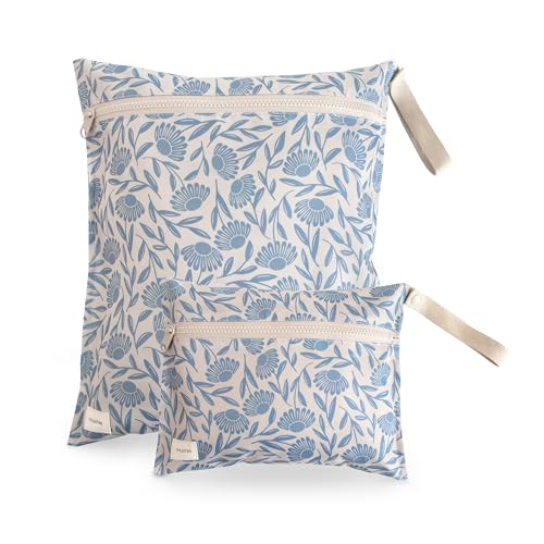 mushie Water Resistant Wet Bags | Large & Small Reusable Storage Bag for Baby Items and Travel | Zippered Pockets with Handle | Machine Washable, Set of 2 (Blue Flowers) - color: Blue Flowers