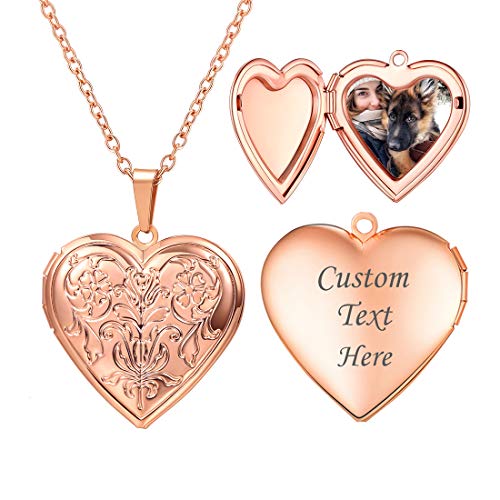 U7 Women Locket Necklace Platinum 14K Gold Photo Lockets that Hold Picture,Chain 20 Inch Personalized Gift Custom Love Heart Image Necklaces - color: 02# Rose Gold*Flower Grain