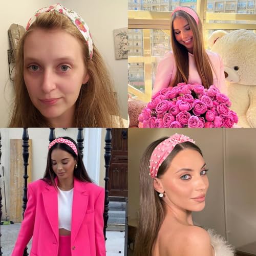 Huachi Hot Pink Headbands for Women Girls, 4 Packs Cute Flower Printed Knotted Head Bands for Women’ s Hair, Non Slip Fashion Wide Top Knot Womens Hairbands, Girls Pink Trendy Stuff Hair Accessories