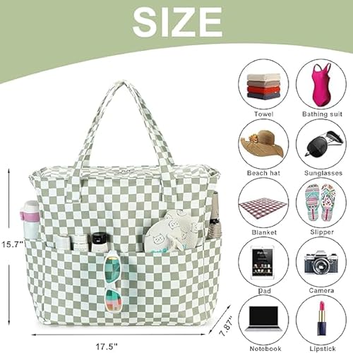 Bluboon Waterproof Beach Tote Pool Bags for Women Ladies Extra Large Carry On Bag With Wet Compartment for Weekender Travel - color: Grass Green White Grid