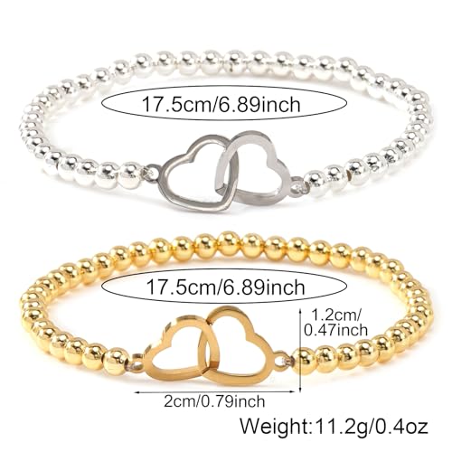Matching Bracelets for Couple,Gold Silver Beaded Heart Couples Bracelets,Raomantic Relationship Promise Jewelry Gifts for Her - color: Double Heart