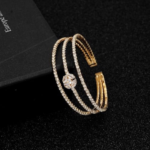 Women's Multi-Layer Rhinestone Cuff Bracelet Sparkling Crystal Tennis Bangle for Bridal Wedding Party - color: 1266 Gold