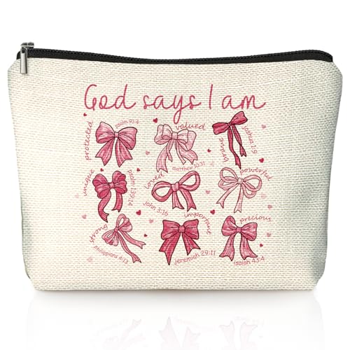God Says I Am Pink Christian Makeup Bag, Coquette Pink Bow Preppy Cosmetic Bags for Women, Inspirational Christian Gifts for Women, Preppy Aesthetic Zipper Makeup Pouch - color: 01-God Says I Am
