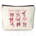 God Says I Am Pink Christian Makeup Bag, Coquette Pink Bow Preppy Cosmetic Bags for Women, Inspirational Christian Gifts for Women, Preppy Aesthetic Zipper Makeup Pouch - color: 01-God Says I Am