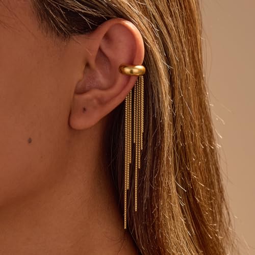 Gold Ear Cuff with Chain for Women, No Piercing Tassel Earrings, Long Chain Ear Wrap Earrings, Trendy Minimalist Jewelry Gift