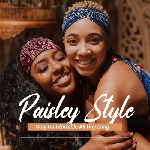Awumbuk Wide Headbands for Women, 7.08 Inch Thick Boho Turban Style Hair Wraps, Non-Slip Moisture-Wicking Workout Headband for Sports, Yoga, Daily Fashion, 8 Pack Multi Colors (Orange Boho Paisleys) - color: Orange Boho Paisleys