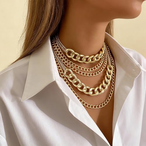 Long tiantian Chunky Gold Necklace Stack Chain Necklaces for Women Statement Layered Paperclip Choker Necklaces Statement Necklace for 80s 90s & Night Out Outfits Paperclip Style Fashion Jewelry - color: A8:Style L-Gold Chain