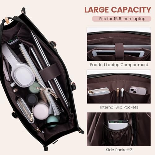 LOVEVOOK Laptop Bag for Women 15.6 lnch,Waterproof Laptops Tote Bags for Womens,Professional Work Bags for Women with Cup Holder,Large Laptop Purse Computer Briefcase Office Teacher Clutch Bag,2 PCS - color: Off-white - Black, size: 15.6 Inch