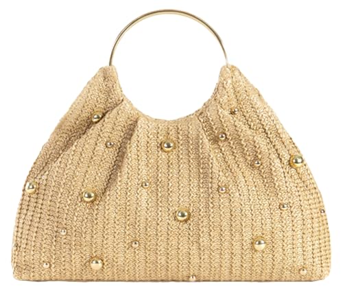 Straw Woven Beach Bag 2026 Summer Beaded Top Handle Handbag Raffia Evening Purse Wedding Clutch Vacation Tote Wristlet Bag - color: Khaki