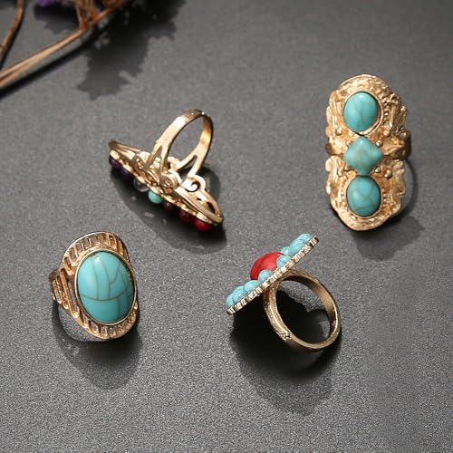 Bohemian Turquoise Ring for Women Chunky Gold Flower Statement Rings Vintage Round Turquoises Stackable Knuckle Ring Set for Women Western Jewelry - style: Turquoise ring-4Pcs