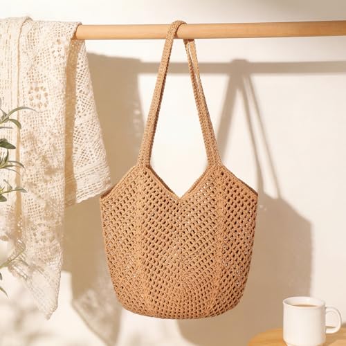 Tavaleu Crochet Tote Beach Bags for Women, Mesh Beach Tote Knit Bag, Summer Vacation Aesthetic Boho Hobo Shoulder Bag - color: Khaki - Mesh Crochet
