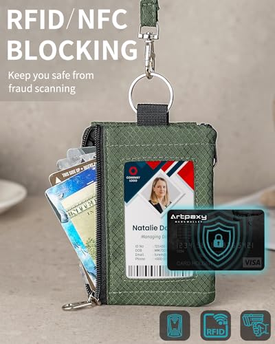 Artpaxy Minimalist Wallet For Mens Womens, Keychain RFID Blocking Zipper Small Wallet with ID Window 2 Lanyards,Water Resistant Travel Cash Card Coin Case Boys Girls - color: Army Green, style: Casual