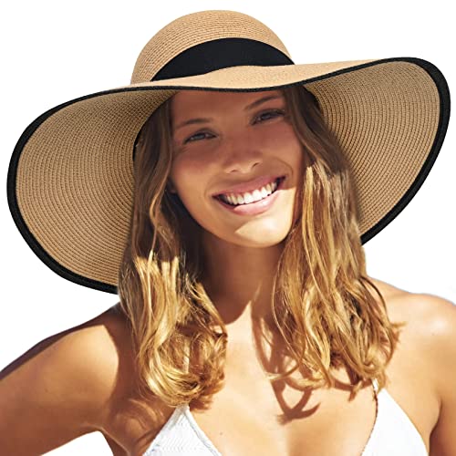 FURTALK Womens Sun Straw Hat Wide Brim UPF 80 Summer Hat Foldable Packable Floppy Beach Hats for Women - color: Khaki With Black Brim, size: Medium-Large