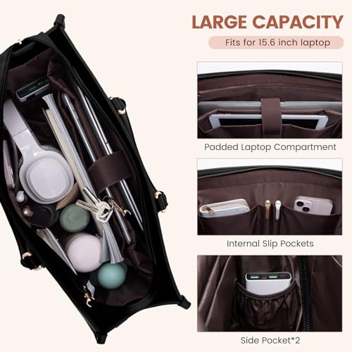 LOVEVOOK Laptop Bag for Women 15.6 lnch,Waterproof Laptops Tote Bags for Womens,Professional Work Bags for Women with Cup Holder,Large Laptop Purse Computer Briefcase Office Teacher Clutch Bag,2 PCS - color: Black(leather), size: 15.6 Inch