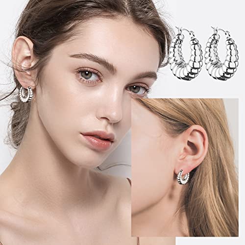 HILXURY Gold Chunky Hoop Earrings Set for Women, 14K Gold Plated Twisted Huggie Hoop Earring Hypoallergenic, Thick Open Hoops Set Lightweight - color: 6 silver chunky hoops