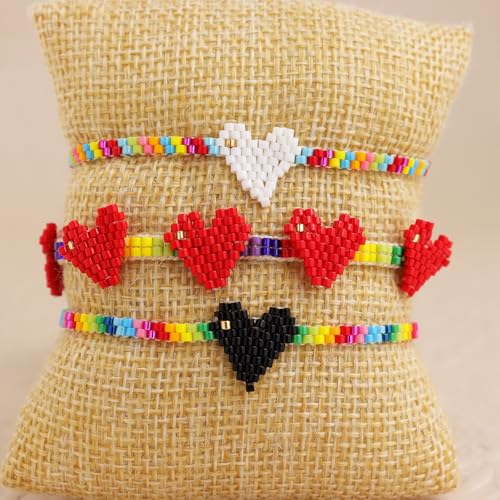 Rainbow Beaded String Braided Bracelets for Women, Summer Boho Handmade Adjustable Beach Waterproof Jewelry Gift - color: Black