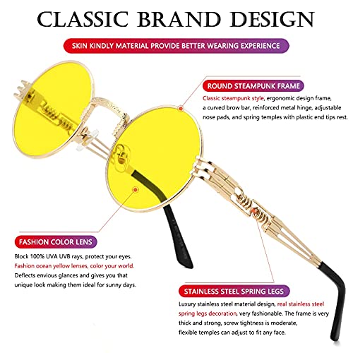 AIEYEZO Round Steampunk Sunglasses for Men Women Retro Circle Hippie Glasses Metal Frame 100% UV Blocking Lens - color: Gold/Ocean Yellow