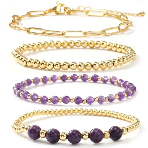 Dainty 14K Gold Crystal Beaded Bracelet Stack for Women,4PCS Cute Ball Purple Gemstones Beads Paperclip Link Stackable Bracelets Set Fashion Festival Birthday Accessories Outfit Jewelry Gift