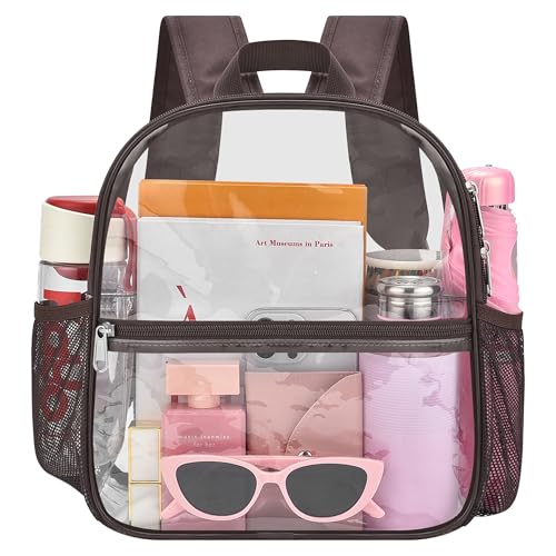 Oraben Clear Backpack Stadium Approved, 12 x 6 x 11 in, Small Transparent Backpack Clear Bag for Concerts, Sports Events, Festivals, Travel, Waterproof PVC, Adjustable Straps - color: Chocolate, style: Enhanced Strap