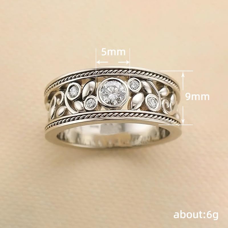 Gixaxak Vintage Eternity Silver CZ Ring Hollow Design Flower Scroll Promise Ring Band Wide 925 Sterling Silver Eternity Statement Stackable Wedding Engagement Bands Gift for Women 9 - size: 9