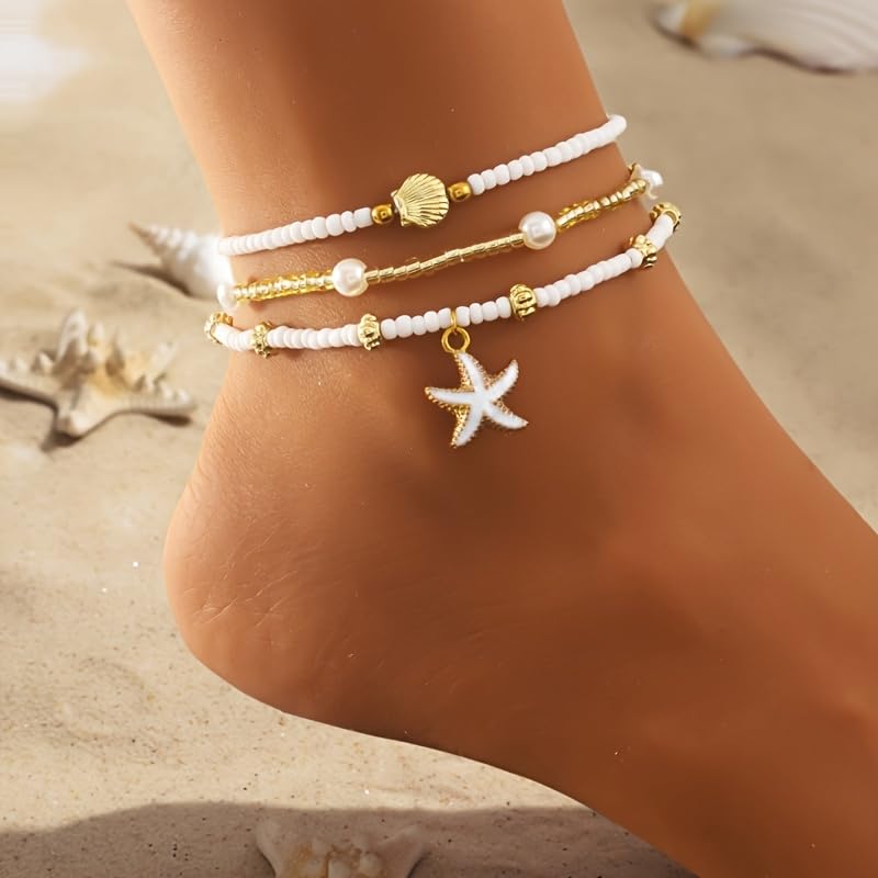 3Pcs Bohemian Beaded Anklet Set for Women, Faux Pearl Shell Starfish Summer Beach Ankle Bracelets, Vacation Holiday Foot Jewelry