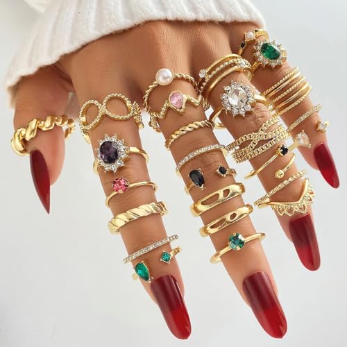 Vintage Gold Knuckle Rings Set for Women Sparkling Colorful Crystal Gemstone Rings Boho Stackable Open Ring Set Fashion Jewelry Accessary - color: Gold