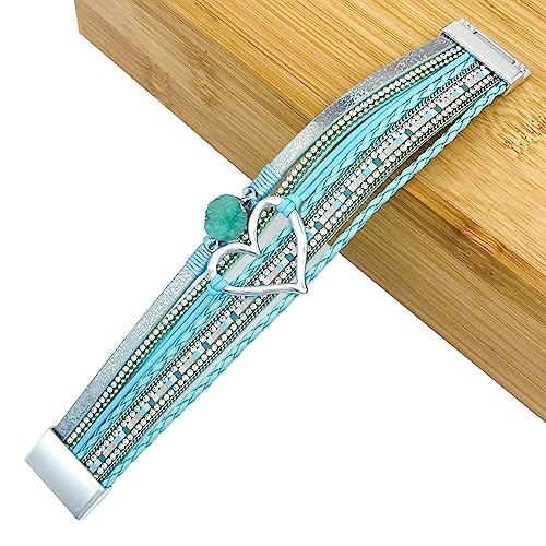 Womens Multi Layer Heart Leather Wrap Bracelet Boho Stackable Cuff Bangle Magnetic Clasp Crystal Birthday Valentine Gift - color: Sky Blue