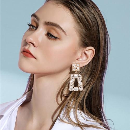 Rhinestone Rectangle Statement Earrings Colorful Crystal Geometric Drop Dangle Earrings for Women Prom Party - color: Clear
