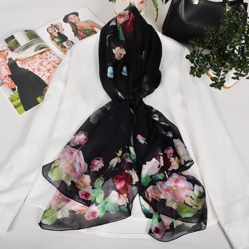 100% Mulberry Silk Women's Neck Silk Scarf-Lightweight Shawl,FLoral Print Beach Silk Wrap-Scarves for Photography - color: Black