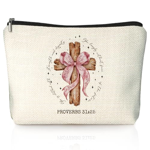 Christian Proverbs 31 Woman Makeup Bag, Coquette Pink Bow Cross Cosmetic Bags for Women, Christian Bible Verse Gifts for Women, Preppy Aesthetic Zipper Makeup Pouch - color: 01-Proverbs 31