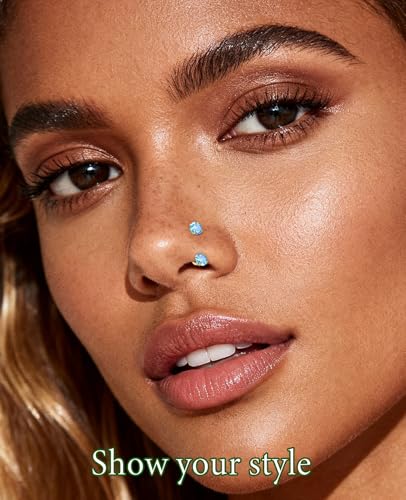 Opal Nose Ring Studs Horseshoe Nose Rings Hoops Stud 316L Stainless Steel Nose Rings Round CZ Square Screw L Shaped Nose Stud Hypoallergenic Nostril Piercing Jewelry for Women Men - color: Gold/3.0mm Blue gem/20gauge