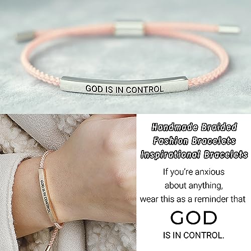 God is in Control Tube Bracelet for Women Men, Handmade Braided Adjustable Inspirational Bracelets Stainless Steel Christian aith Jewelry for Christmas Birthday Gifts - color: Rose Gold-Pink